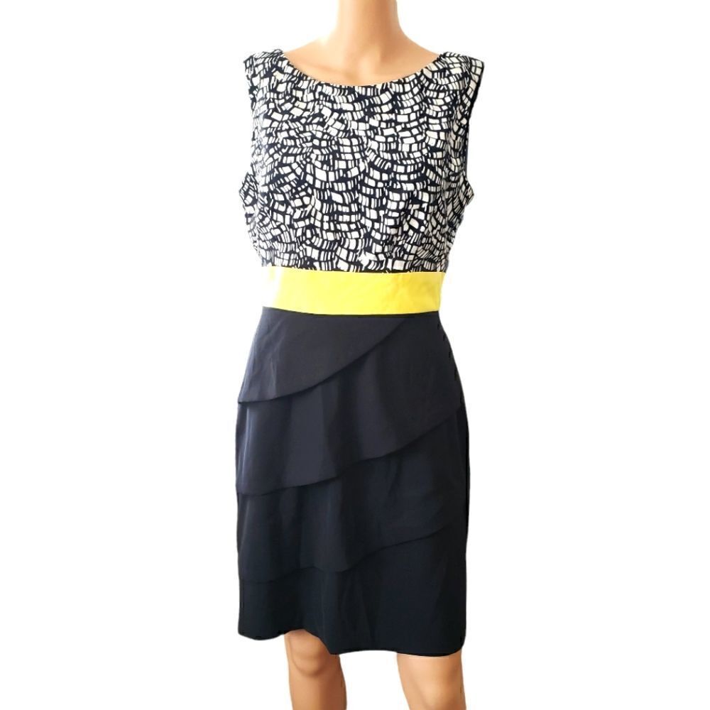 Connected Apparel B&W, Yellow Waistband Tiered Skirt Dress Size 6